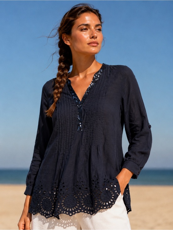 Style & Co. Tops - Style & Co. 100% Cotton Navy Eyelet V-Neck Tunic